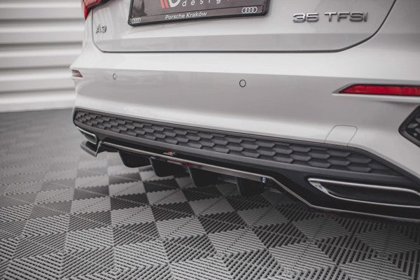 Maxton Central Rear Splitter (With Vertical Bars) Audi A3 S-Line Sportback 8Y - Gloss Black
