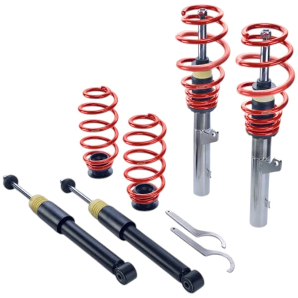 Eibach PSS gevindundervogn til VW Golf 8 (CD1) med røde fjedre, støddæmpere og justeringsværktøj, forbedrer bilens køreegenskabe
