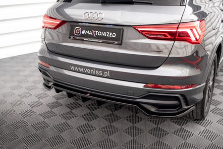 Maxton Central Rear Splitter (With Vertical Bars) Audi Q3 S-Line F3 - Gloss Black