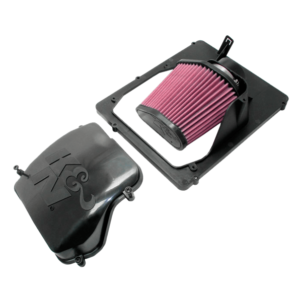 K&N luftfilter airbox med pink konisk filter til Opel Zafira og Astra med sort plastcover og monteringsramme.