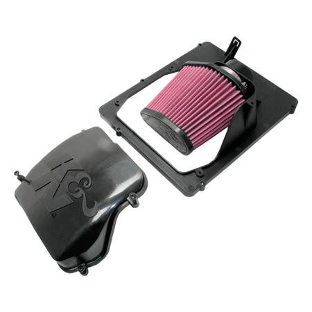K&N luftfilter airbox med pink konisk filter til Opel Zafira og Astra med sort plastcover og monteringsramme.