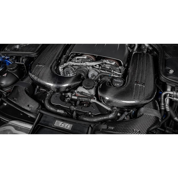 Eventuri carbon indsugningssystem til Mercedes X205 C63/C63S AMG varianter med højtydende luftfiltre og kulfiber komponenter.