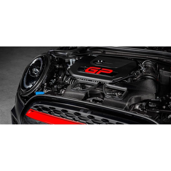 Eventuri carbon fiber indsugningssystem til Mini JCW GP3, Clubman og JCW 306HP med sort finish og rød filterindsats