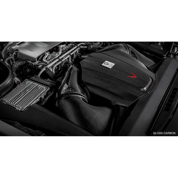 Eventuri Carbon Intake Matte Finish sæt til Mercedes C190/R190 AMG GTR, GTS, GT med kulfiber luftindtag og røde filtre.