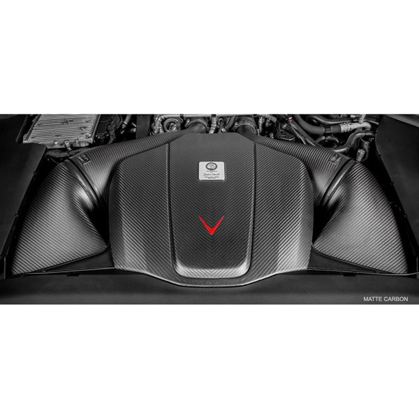 Eventuri Carbon Intake Matte Finish sæt til Mercedes C190/R190 AMG GTR, GTS, GT med kulfiber luftindtag og røde filtre.