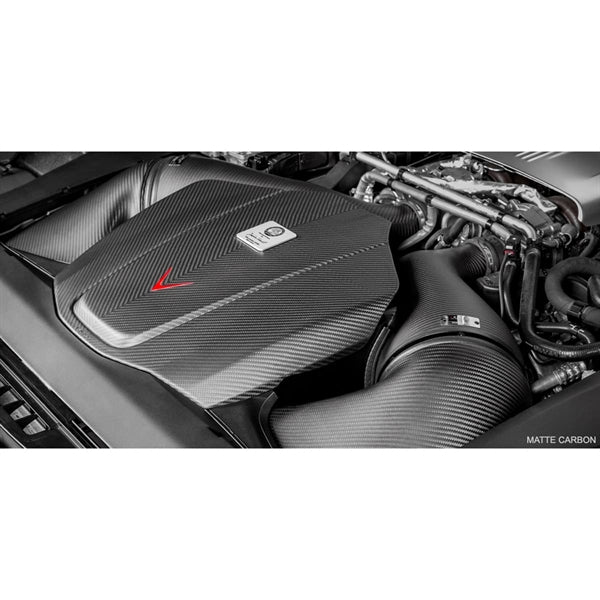 Eventuri Carbon Intake Matte Finish sæt til Mercedes C190/R190 AMG GTR, GTS, GT med kulfiber luftindtag og røde filtre.
