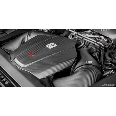 Eventuri Carbon Intake Matte Finish sæt til Mercedes C190/R190 AMG GTR, GTS, GT med kulfiber luftindtag og røde filtre.