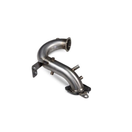Scorpion DE-CAT/GPF Delete Downpipe til Renault Megane R.S. 300 Trophy i rustfrit stål med buet design og monteringsbeslag.