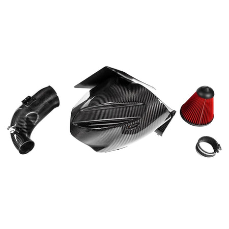 Eventuri carbon intake sæt til Toyota Supra MK5 2.0 B48 med kulfiber luftfilterhus, indtagsrør og rød performance luftfilter.