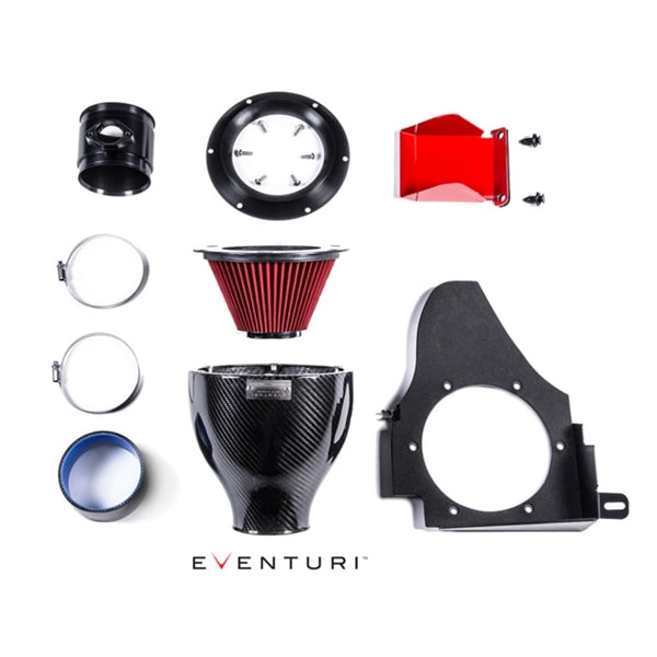 Eventuri Black Carbon Intake sæt til BMW Z4M med kulfiber luftfilterhus, rød konisk luftfilter, monteringsdele og beslag på hvid