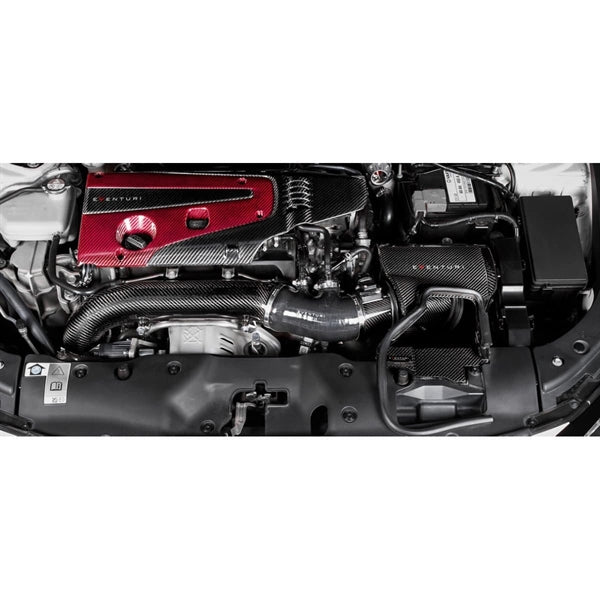 Eventuri Black Carbon intake system til Honda Civic FK8 Type R med carbon fiber komponenter og rød luftfilter