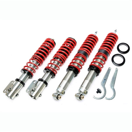 TA-Technix deep gevindundervogn med røde fjedre og justeringsværktøj til VW Golf 3+4 Cabriolet 1E/1EXO, set på hvid baggrund