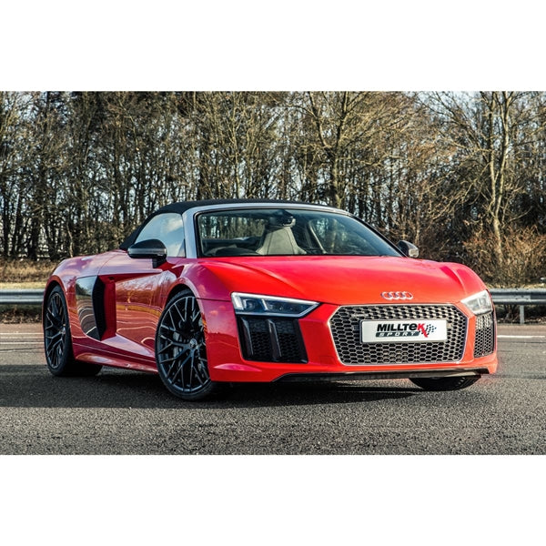 Milltek Cat-back udstødningssystem i rustfrit stål til Audi R8 V10 5.2l Plus Coupe og Spyder med polerede slutrør.