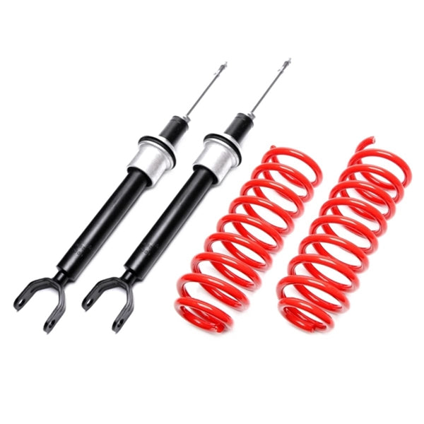 TA-Technix sportsundervogn med sorte støddæmpere og røde spiralfjedre til Mercedes E-Klasse Kombi S211, isoleret produktfoto på 